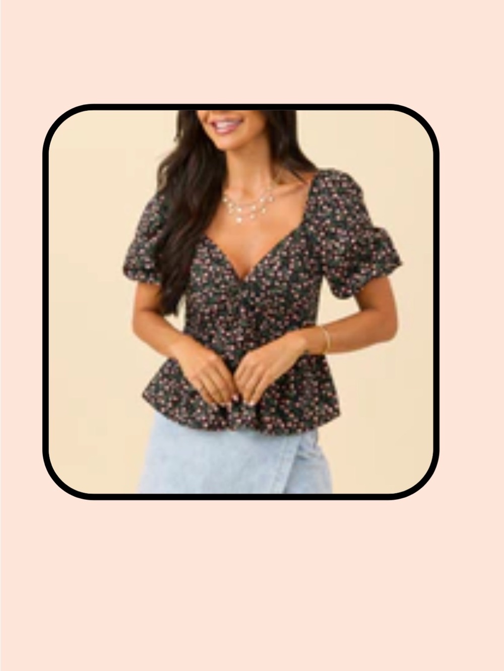Pink Lily Black Floral V-Neck Peplum Top
